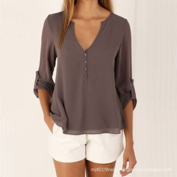 Women′s Sexy Fashion Loose Chiffon Tops Long Sleeve V Neck Casual Blouse